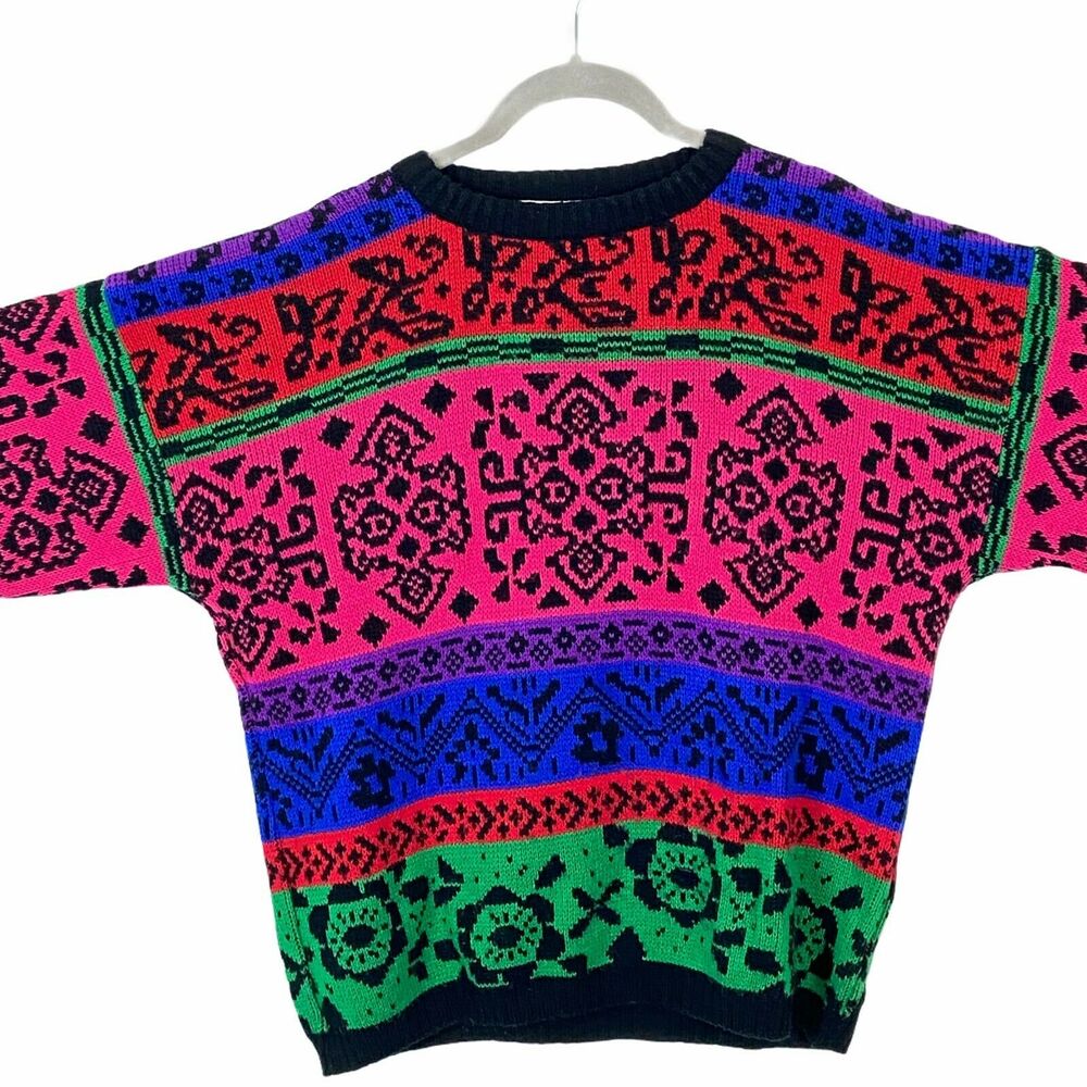 Colorblock Funky 80s Sweater Vintage Striped Crew Neck Colorful Bold Retro sz M